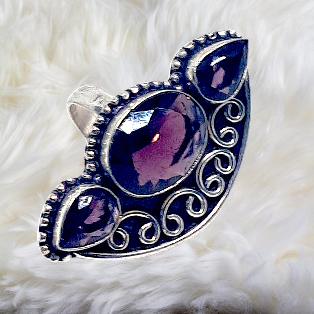 Sterling Silver Statement Ring w/ Three Genuine Amethyst Gemstones. Size 7 NWOT